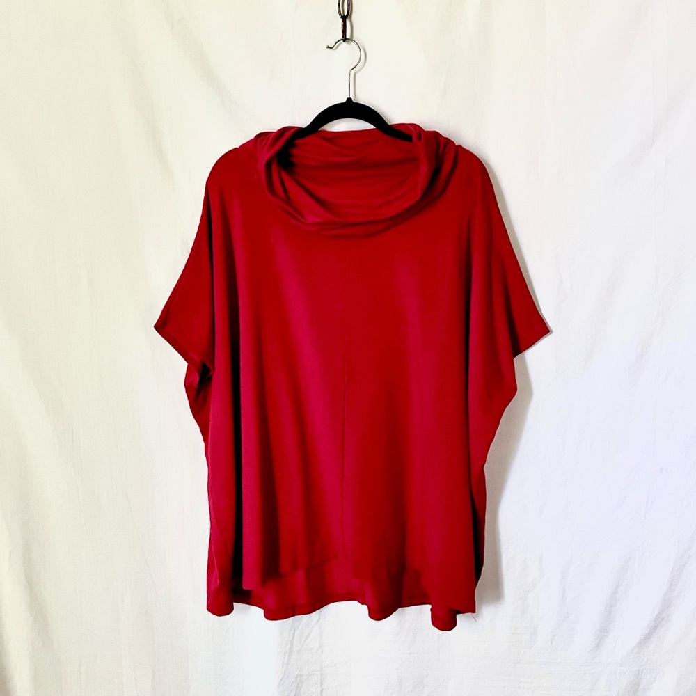 Bryn Walker Lagenlook Cowl Neck Bamboo Organic Cotton Poncho Sweater Top in Red